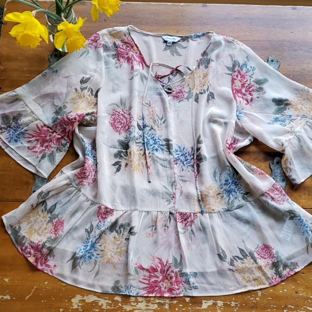 Sheer floral peasant blouse